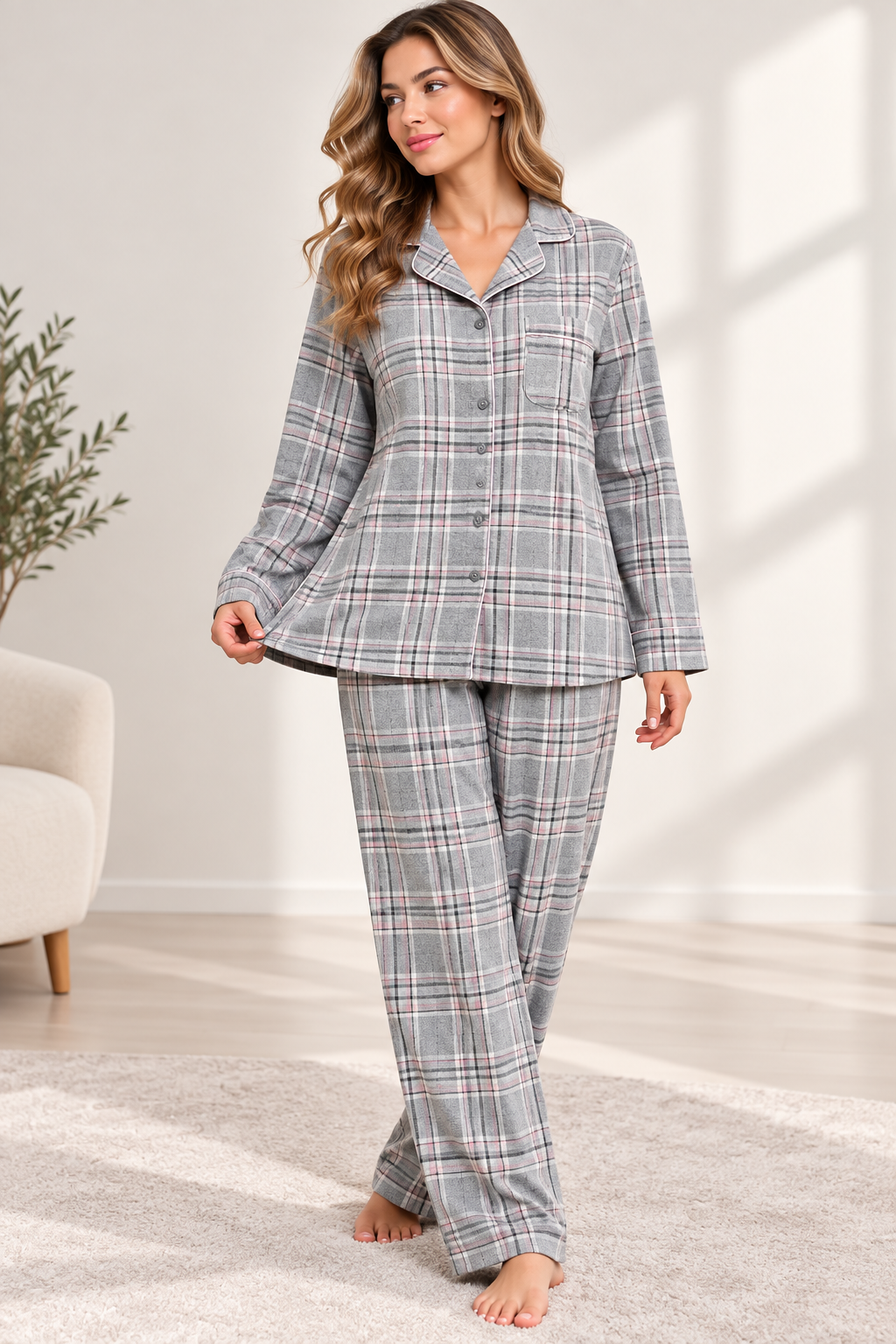 9755 Women’s Cotton Plaid Pajamas ELLINZA